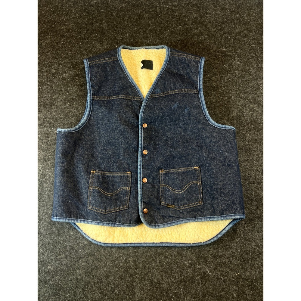 VTG 70s  Roebucks Denim Vest Mens Large Blue Sherpa Lined Snap Western Workwear